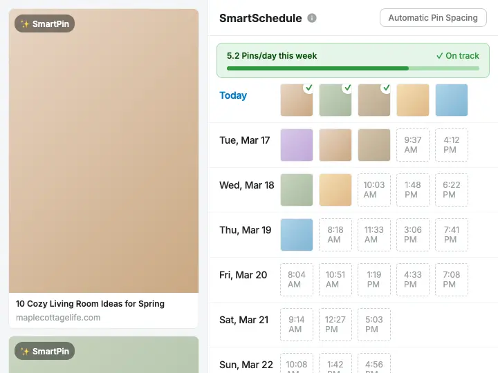 SmartSchedule weekly calendar with optimized time slots filled across each day, publishing 5.2 Pins per day on track, so your content goes out at the right times without manual scheduling